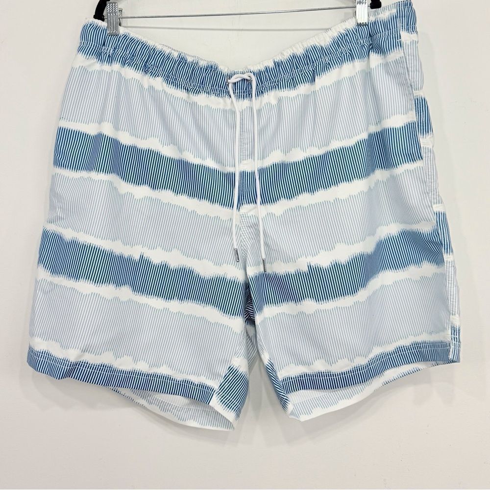Land's End White Blue Squiggle Stripe Mesh Lined Drawstring Waist Swim Trunks